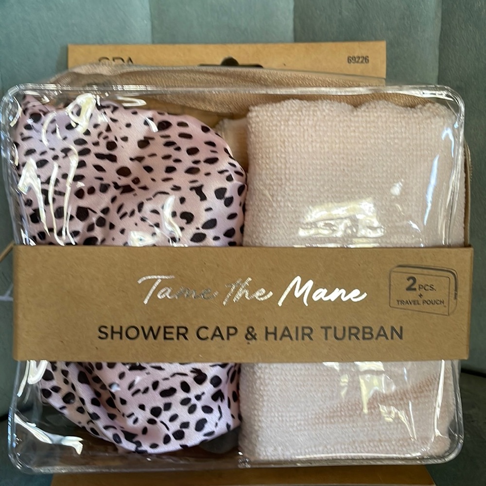 New Spa solutions shower cap & turban set in travel pouch